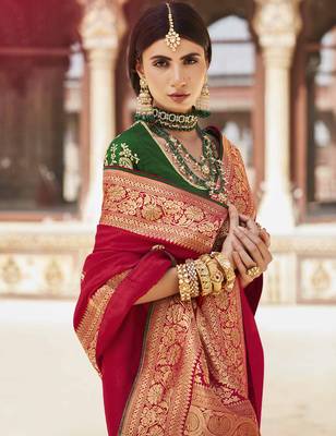 Red embroidered pure silk saree with blouse 2