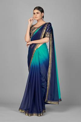 Aqua blue woven chiffon saree with blouse 2
