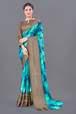 Aqua blue printed faux georgette saree with blouse 1