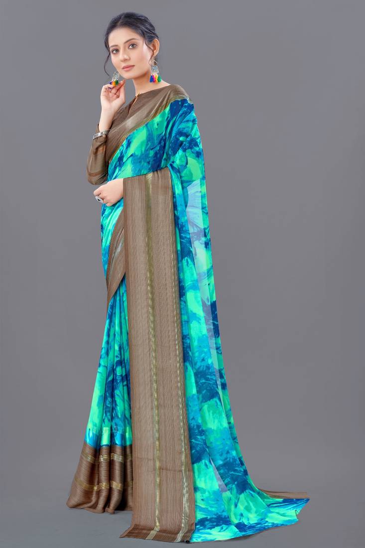 Aqua blue printed faux georgette saree with blouse