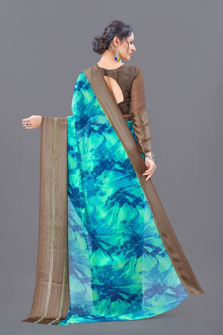 Aqua blue printed faux georgette saree with blouse