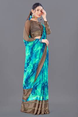 Aqua blue printed faux georgette saree with blouse 4