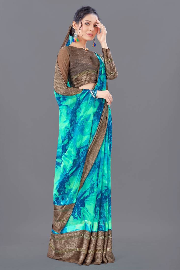 Aqua blue printed faux georgette saree with blouse