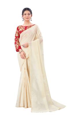 Beige plain chanderi silk saree with blouse 1