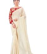 Beige plain chanderi silk saree with blouse