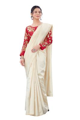 Beige plain chanderi silk saree with blouse 2