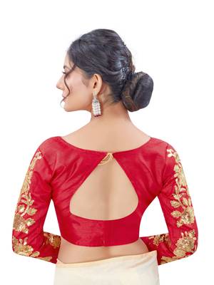 Beige plain chanderi silk saree with blouse 3