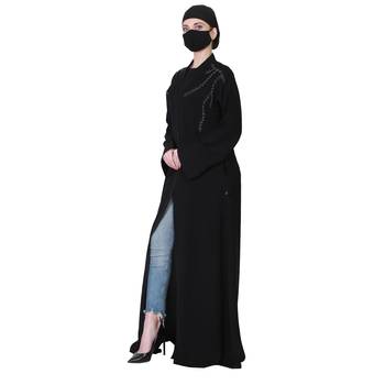 Front Open Abaya With Handwork Embellishments And A Matching Hijab. 1