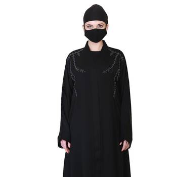 Front Open Abaya With Handwork Embellishments And A Matching Hijab. 2