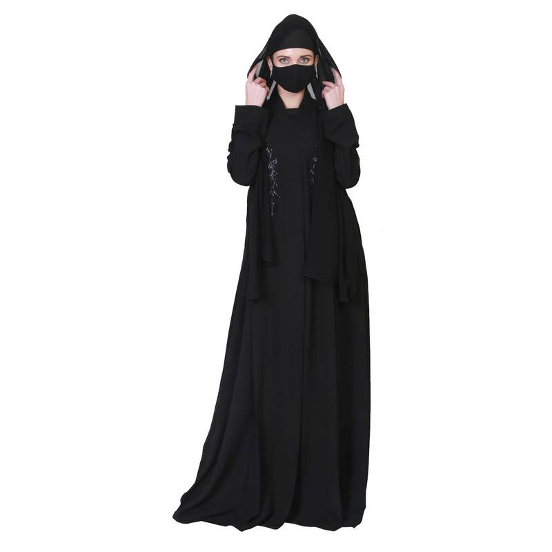 Elegant-Open Abaya With Handwork Embellishments and A Matching Hijab.