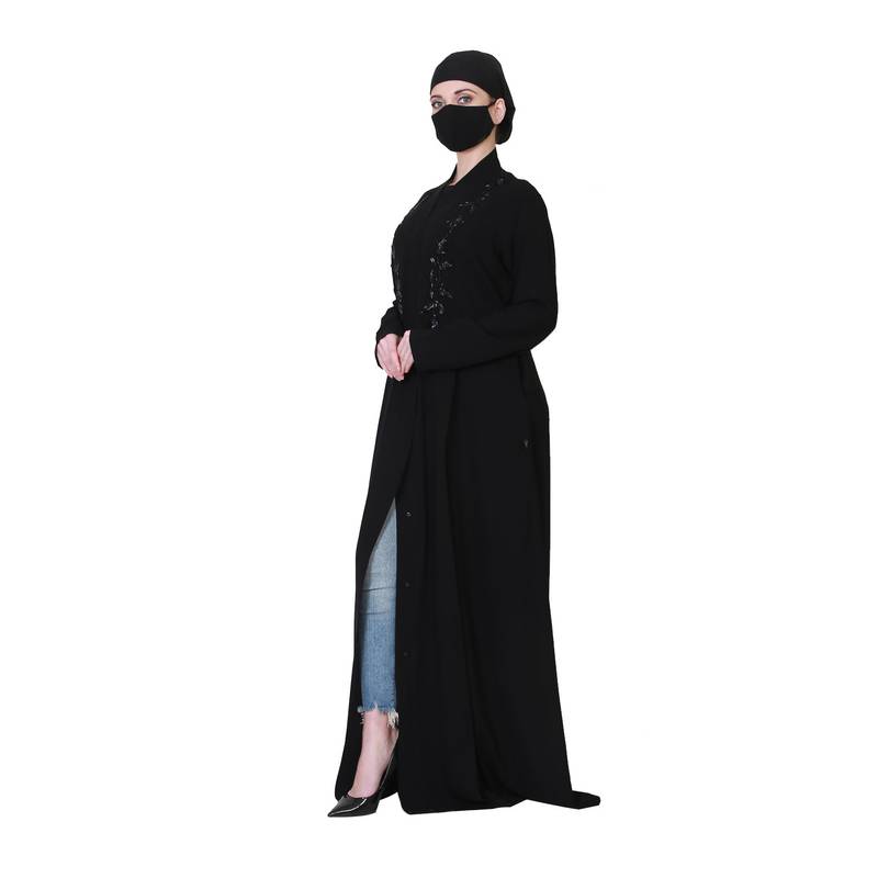 Elegant-Open Abaya With Handwork Embellishments and A Matching Hijab.