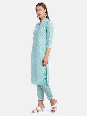 Blue Printed Kurta With Pant 2