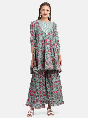 Green Floral Printed Kurta With Flared Palazzo And Dupatta 2