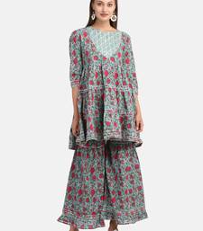 GREEN FLORAL PRINTED KURTA WITH FLARED PALAZZO AND DUPATTA