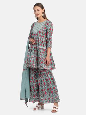 Green Floral Printed Kurta With Flared Palazzo And Dupatta 3