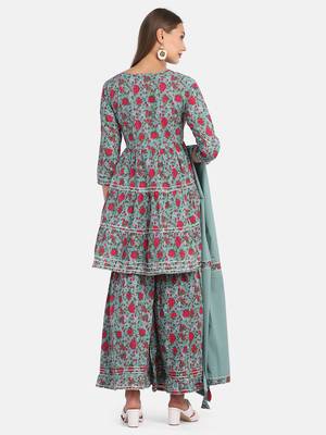 Green Floral Printed Kurta With Flared Palazzo And Dupatta 4