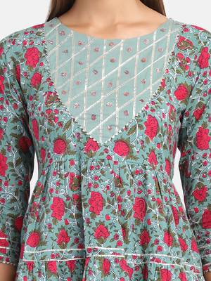 Green Floral Printed Kurta With Flared Palazzo And Dupatta 5