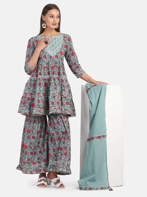 Green Floral Printed Kurta With Flared Palazzo And Dupatta 1