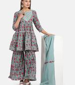 GREEN FLORAL PRINTED KURTA WITH FLARED PALAZZO AND DUPATTA