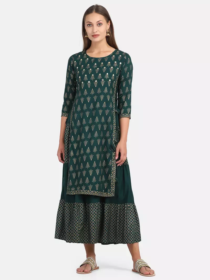 BOTTLE GREEN PRINTED KURTA