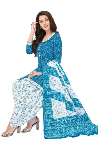 Blue Printed Cotton Unstitched Salwar- Kameez With Dupatta