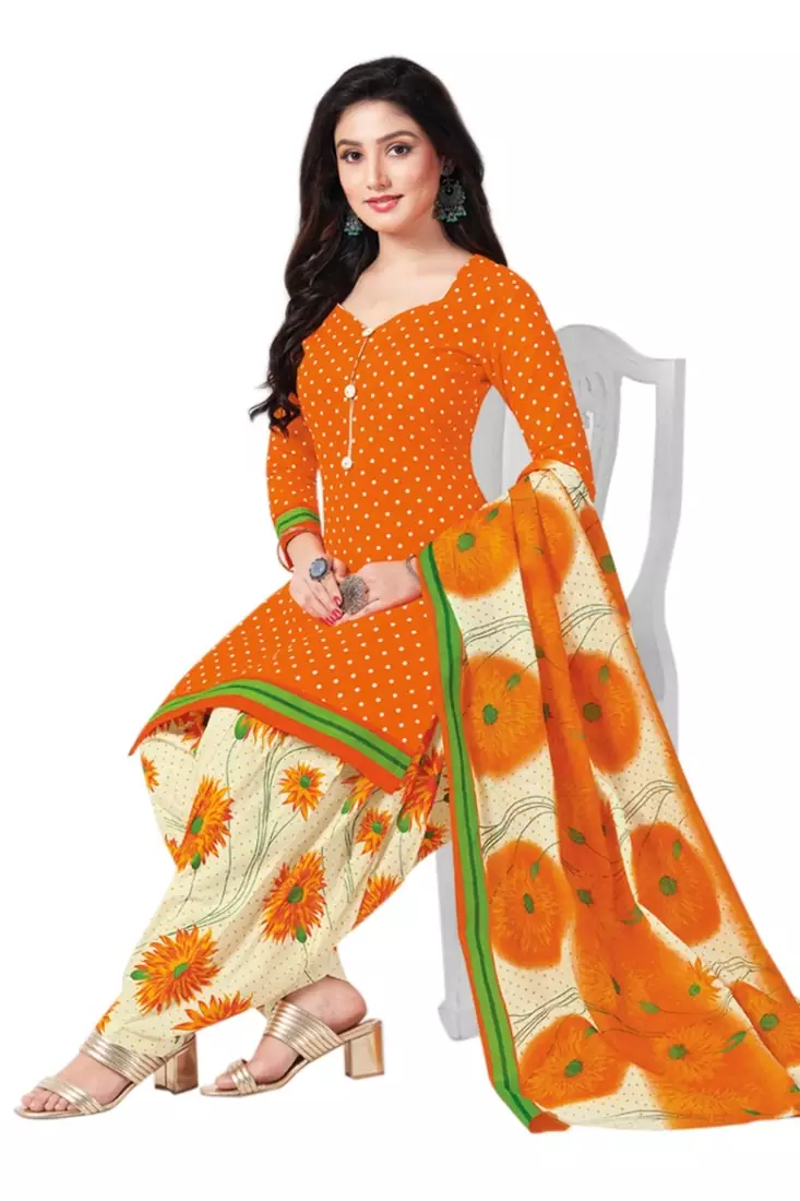 Yellow Printed Cotton Unstitched Salwar- Kameez With Dupatta
