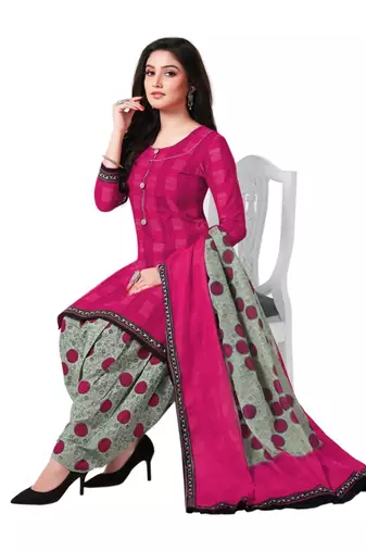Pink Printed Cotton Unstitched Salwar- Kameez With Dupatta