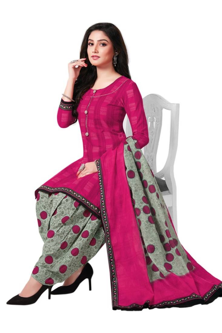 Pink Printed Cotton Unstitched Salwar- Kameez With Dupatta