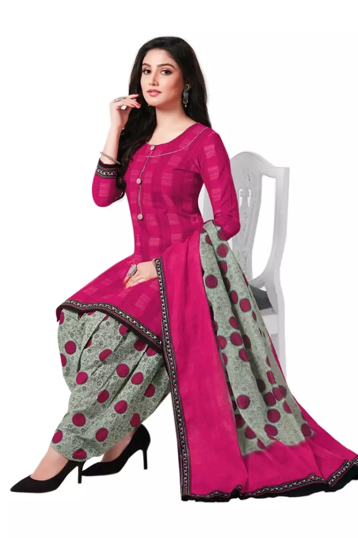Pink Printed Cotton Unstitched Salwar- Kameez With Dupatta