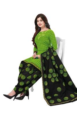 Green Printed Cotton Unstitched Salwar- Kameez With Dupatta 1