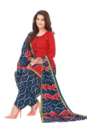 Pink Printed Cotton Unstitched Salwar- Kameez With Dupatta