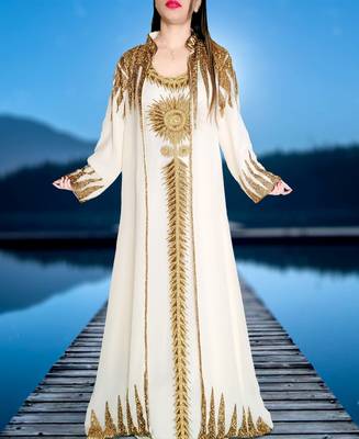 Unique Moroccan Dubai Kaftan Evening Royal Red Georgette Floor Length Aari Stone Work  1