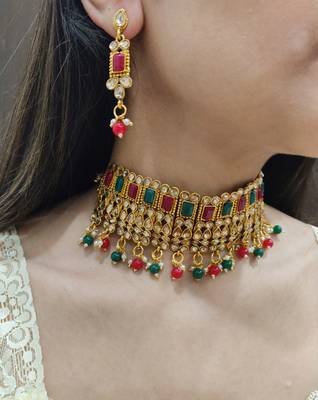 Red and Green Polki Choker Set 1