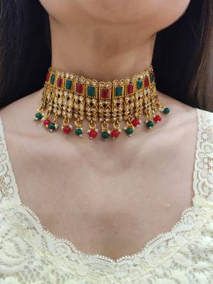 Red and Green Polki Choker Set 2