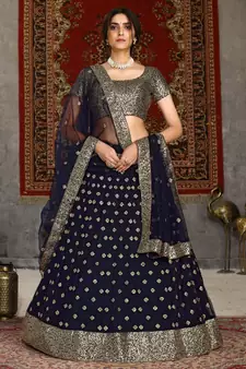 Navy blue sequins embroidered net semi-stitched lehenga for wedding