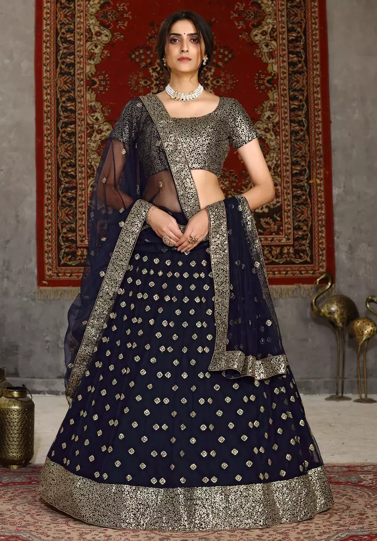 Navy blue sequins embroidered net semi-stitched lehenga for wedding