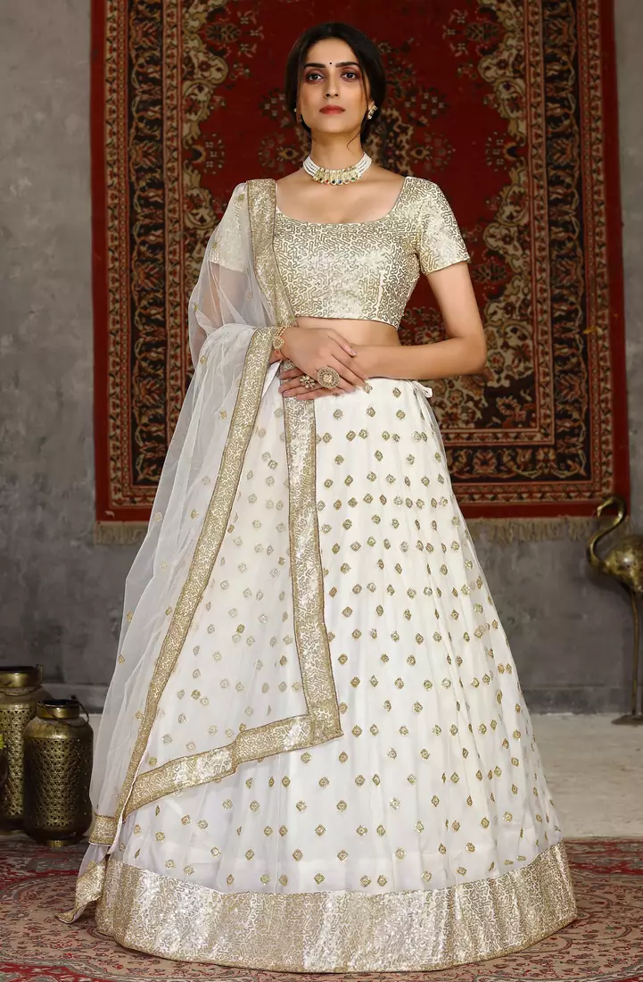 White sequins embroidered net semi-stitched lehenga for wedding