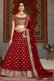 Red sequins embroidered net semi-stitched lehenga for wedding