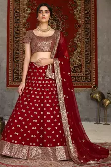 Red sequins embroidered net semi-stitched lehenga for wedding