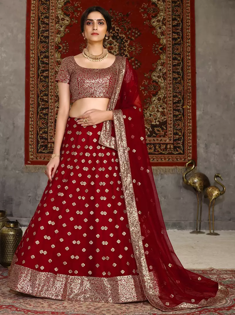 Red sequins embroidered net semi-stitched lehenga for wedding