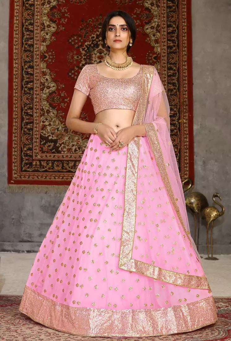 Pink sequins embroidered net semi stitched lehenga