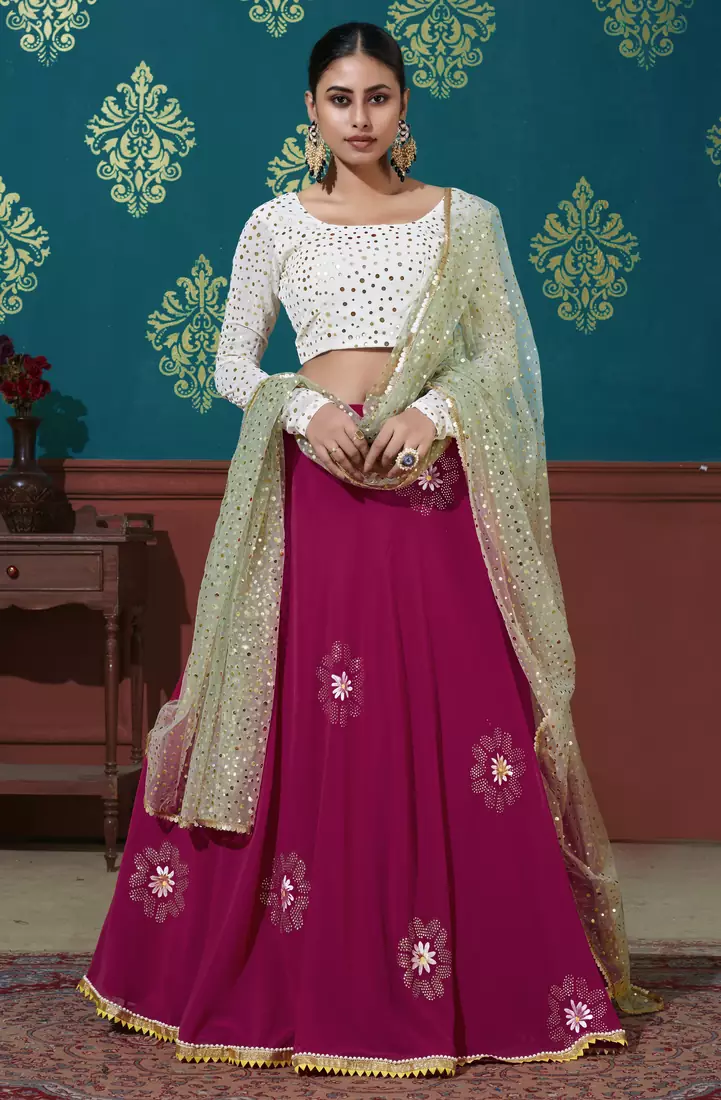 Dark-pink Pigment Foil Printed georgette semi stitched Party lehenga