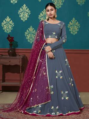Blue Pigment Foil Printed georgette Semi Stitched Wedding Lehenga 1