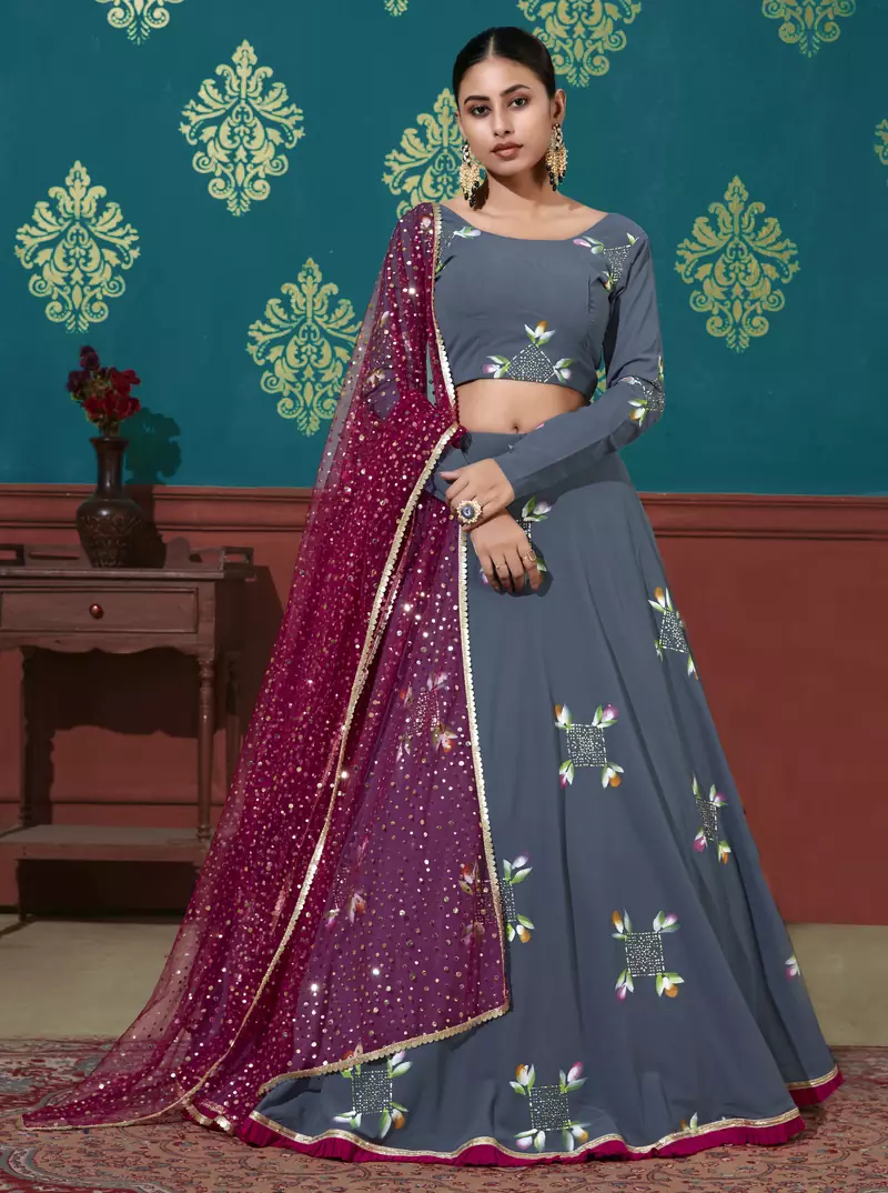 Blue Pigment Foil Printed georgette semi stitched Wedding lehenga