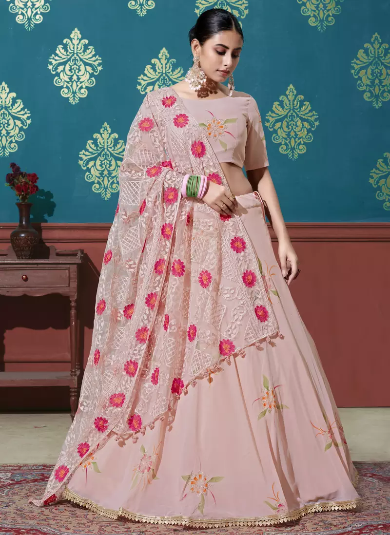 Peach Pigment Foil Printed georgette semi stitched Party lehenga