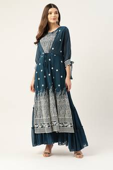Kvsfab Women Green & White Embroidered Sequins Tiered Layered Anarkali Kurta