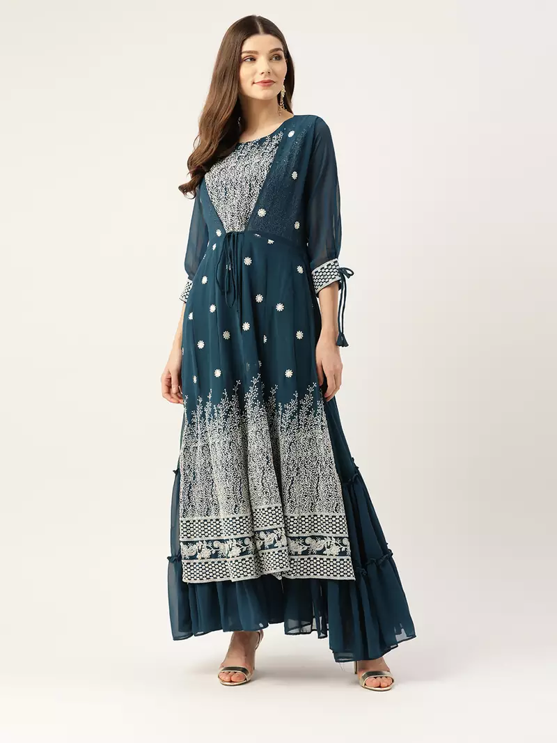 Kvsfab Women Green & White Embroidered Sequins Tiered Layered Anarkali Kurta