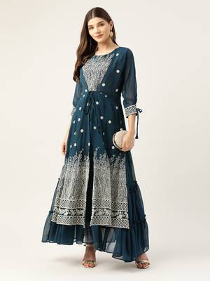 Kvsfab Women Green & White Embroidered Sequins Tiered Layered Anarkali Kurta 3
