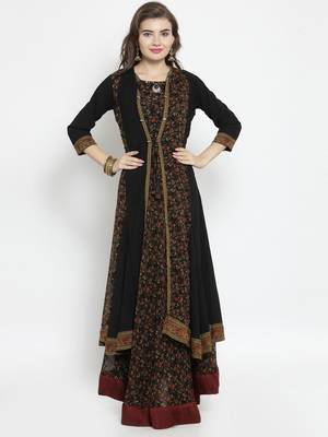 Women Black & Brown Floral Print Fusion Georgette A-Line Kurta 1