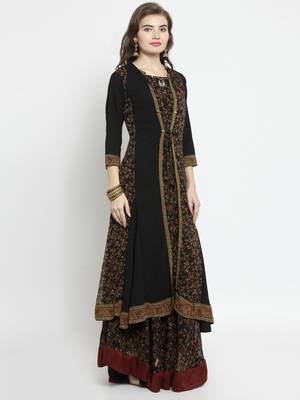 Women Black & Brown Floral Print Fusion Georgette A-Line Kurta 2